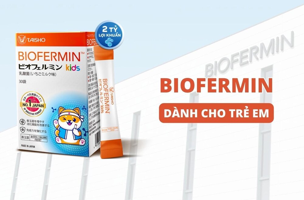 Men vi sinh Biofermin Kids cho bé bổ sung 2 tỷ CFU lợi khuẩn, hỗ trợ tiêu hóa và cân bằng hệ vi sinh đường ruột.